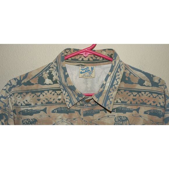 Vtg The Day’s Catch Mens Large LS Button Fishing Shirt Beige Fish Pattern Vented - Picture 2 of 3